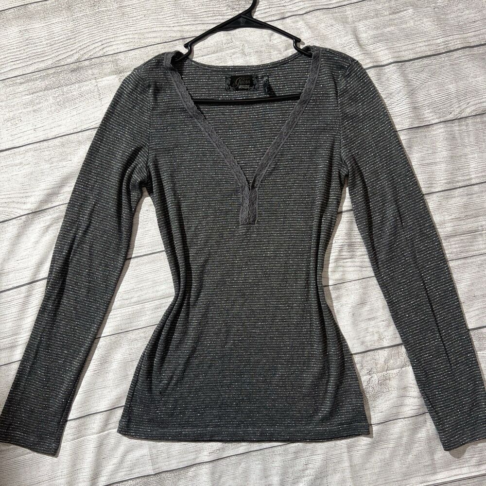 Y2K Guess long sleeve lace trim top grunge lightweight Eyelet Style Detailing